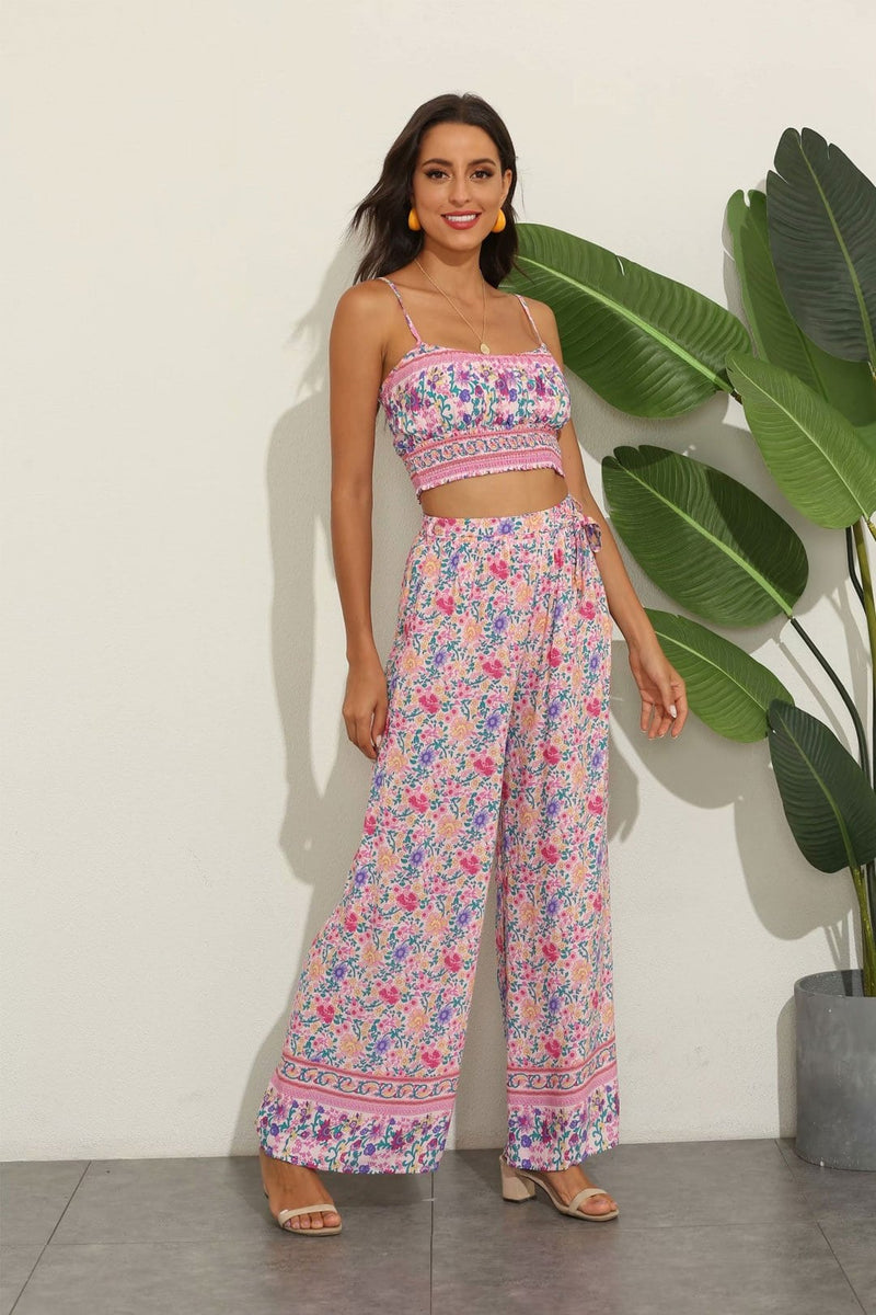 Women Floral Print Two Piece Set Casual Party Sleeveless Crop Top Pants  Outfit | eBay